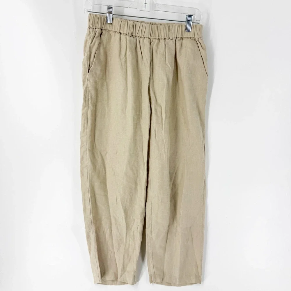 Quince Women 100% European Linen Pants Driftwood Tan Elastic Waist Small